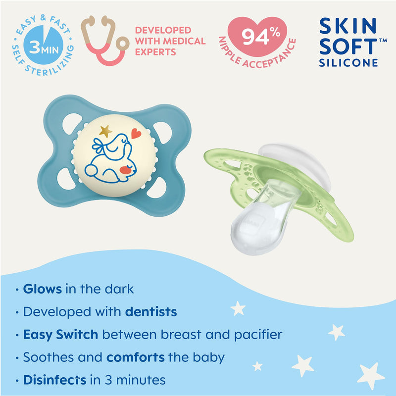 [Australia] - MAM Night Pacifiers 0-6 Months, Best for Breastfed Babies, Glow in the Dark, Baby Boy, 2 Count 2 Count (Pack of 1) 