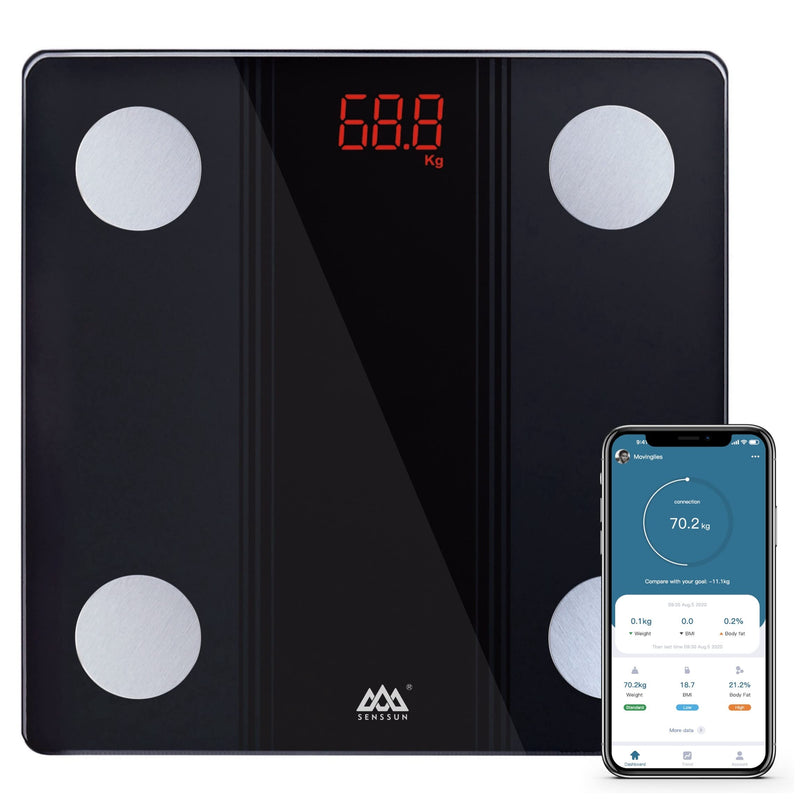[Australia] - SENSSUN body fat scales, digital personal scales, people scales with APP, smart scales, Bluetooth body analysis scales with body composition function, 150 kg/330 lb, 26 x 26 cm, LED display (black). 