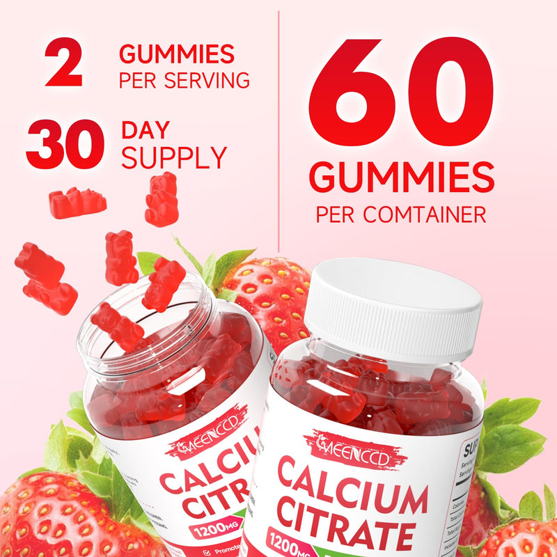 Calcium Citrate Gummies 1200mg - Chewable Calcium Supplement for Women & Men, Supports Bone & Muscle Health, Vegan, Strawberry Flavor, 60 Count