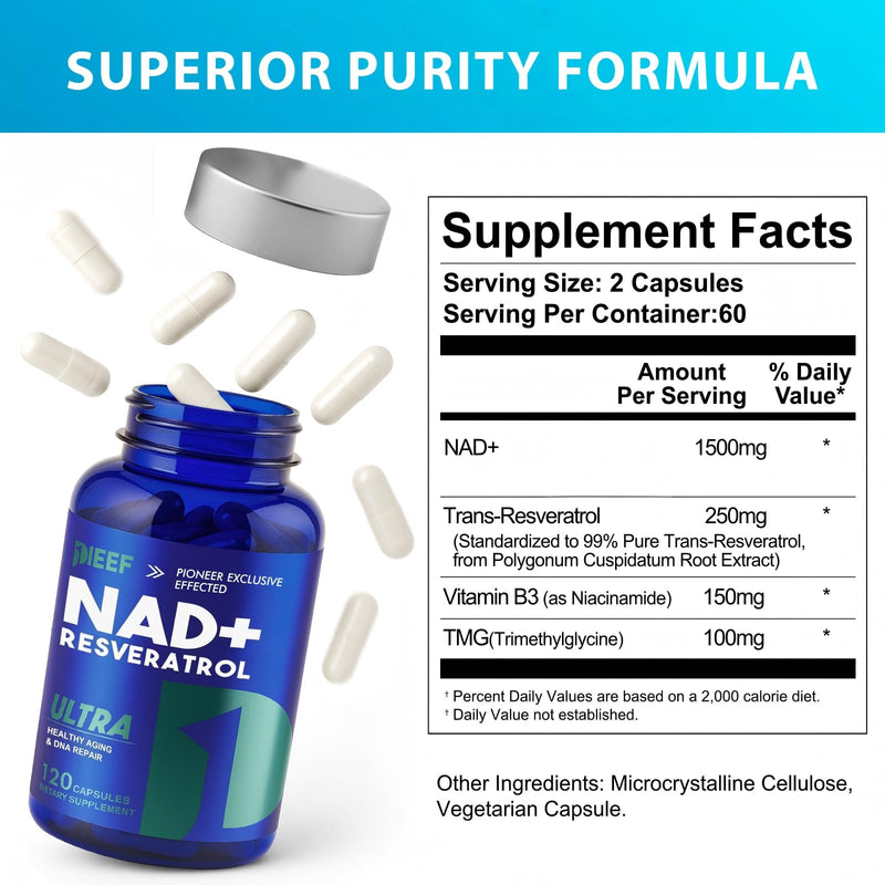NAD+ Supplement 1500MG, 120PCS Ultra NAD+ & Resveratrol Supplement, Boosting Riboside for Cellular Energy, Metabolism & Repair, Blue