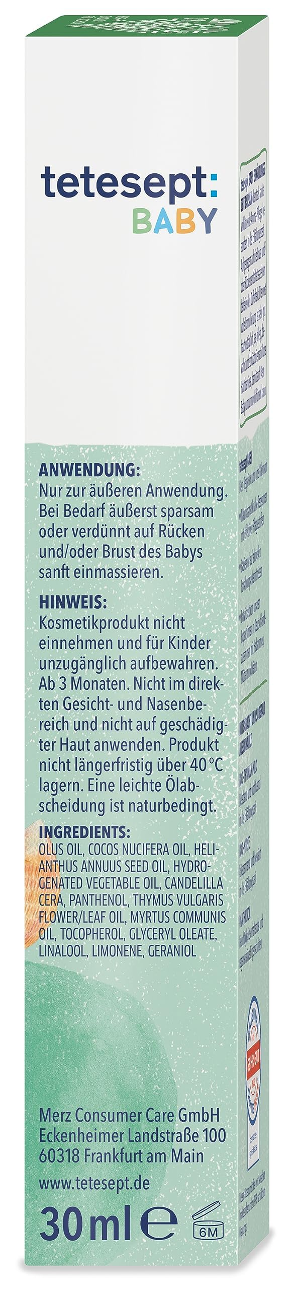 [Australia] - tetesept baby cold time balm - aromatic oils organic thyme and organic myrtle for a liberating scent effect - soothing, mild aroma care for babies from 3 months - 30 ml 