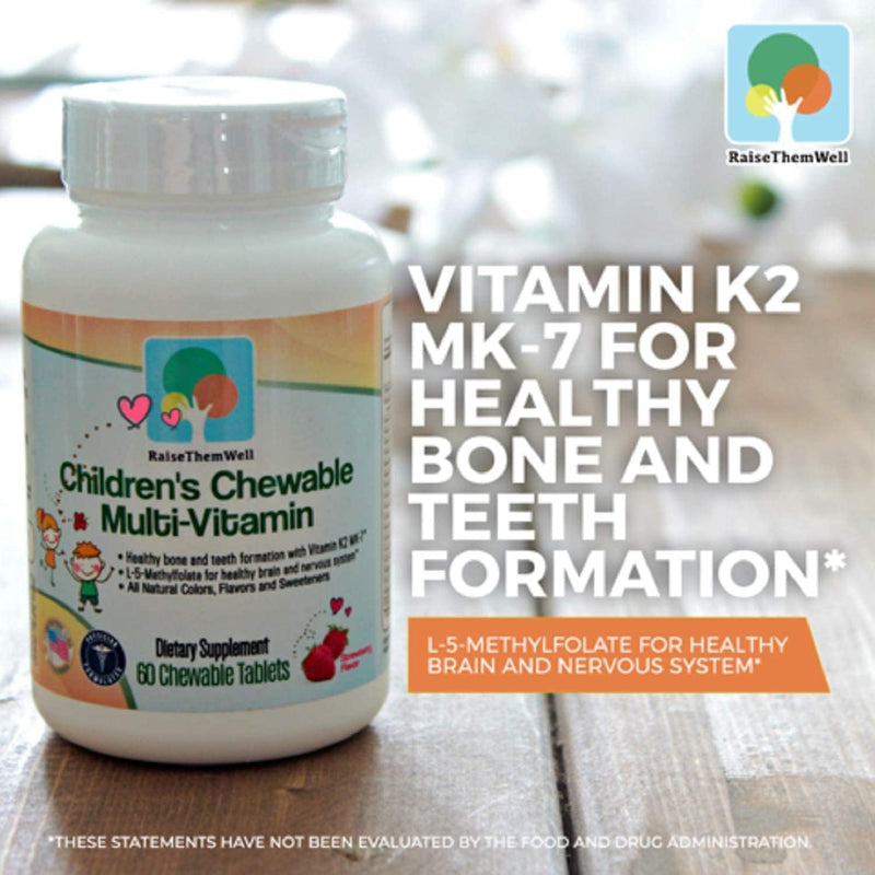 Raise Them Well Kids Multivitamin | Daily Vitamin Nutrition | 60 Tablets | Provides 20 essential vitamins and minerals with K2, methylfolate and methyl B12 | Naturally sweetened strawberry chewables