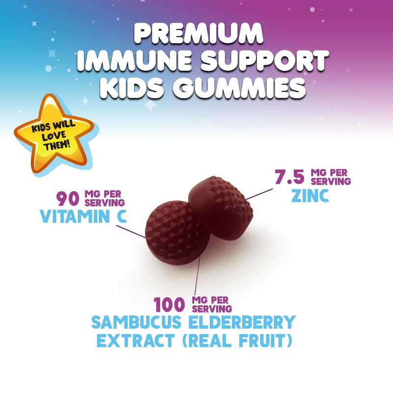 Kids Immune Support Elderberry Gummies - Daily Children's Vitamins C, Zinc & Kids Support Gummy - Nature's Sambucus Elderberry Supplement, Vegan, Gluten-Free, Tasty Berry Flavor - 120 Gummies 120 Count (Pack of 1)