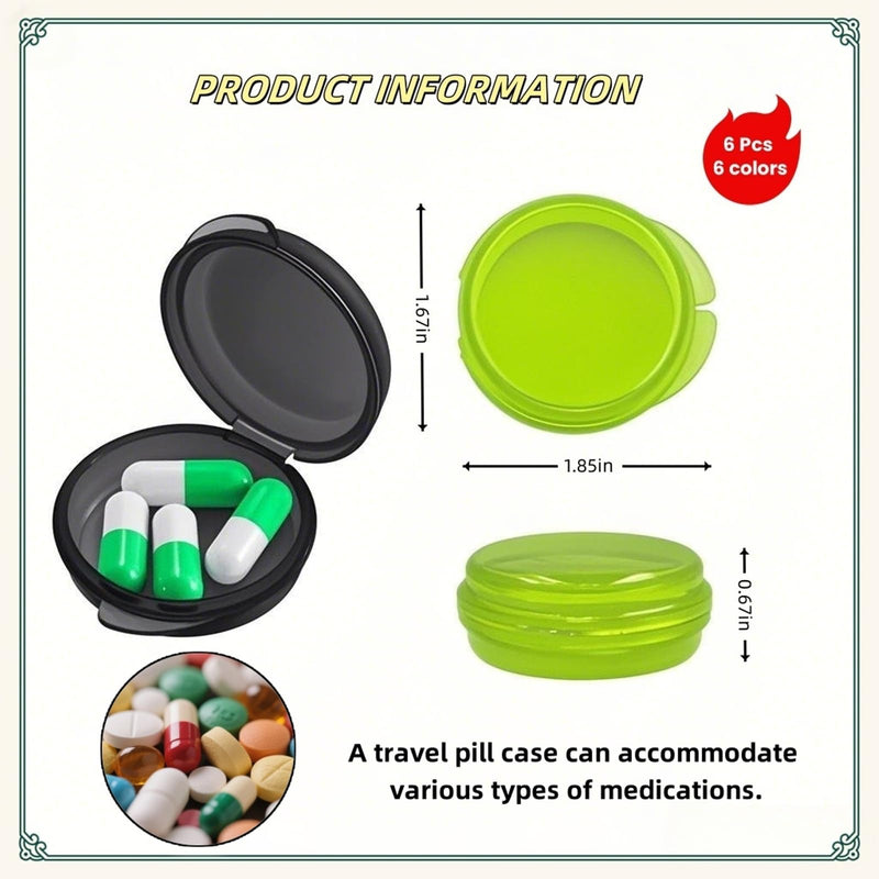 Small Pill Organizer Box Set - 6 Pcs Mini Travel Pill Case Container, Portable Daily Medicine Cases, Compact Travel Vitamin Boxes for Pocket Purse, Pills, Jewelry, Earplugs, or Small Items (6 Colour)
