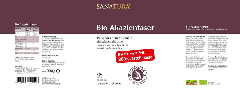 [Australia] - Sanatura acacia fiber powder organic - 300 g - valuable source of fiber from acacia fibers - soluble fiber - vegan, gluten-free and fructose-free - well tolerated 