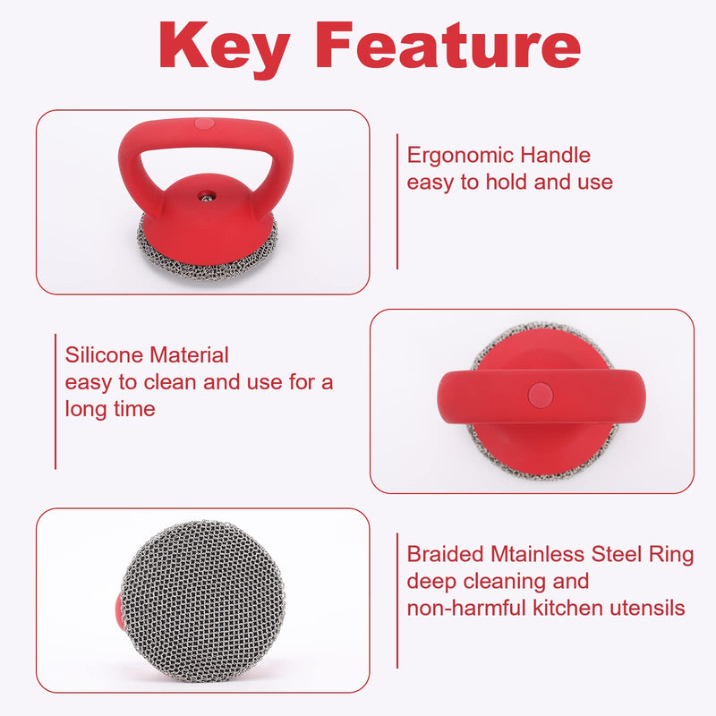 [Australia] - Cast Iron Scrubber, 316 Stainless Steel Chainmail Scrubber with Handle, Chain Mail Scrubber Cast Iron for Cleaning Cast Iron Skillets, Pans,Griddles, Frying Pans, Cast Iron Cookware Standard Red 