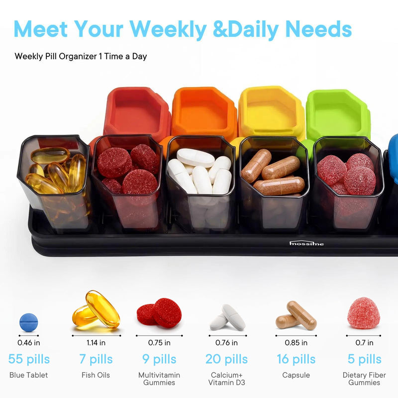 Mossime Large Weekly Pill Organizer 1 Time a Day, Rainbow, 2P | BPA-Free, Spill-Resistant, Detachable 1-a-Day Boxes, for Vitamins & Medication, Travel-Friendly, Velvet Pouch Rainbow+rainbow