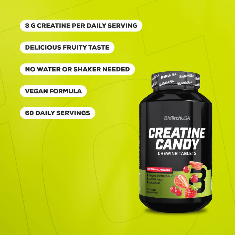 BioTechUSA Creatine Candy | Fruity Chewable Tablets with 3g Micronized Creatine Monohydrate per Day | Muscle Strength & Performance Booster | Vegan, 240 Tablets, Red Berry