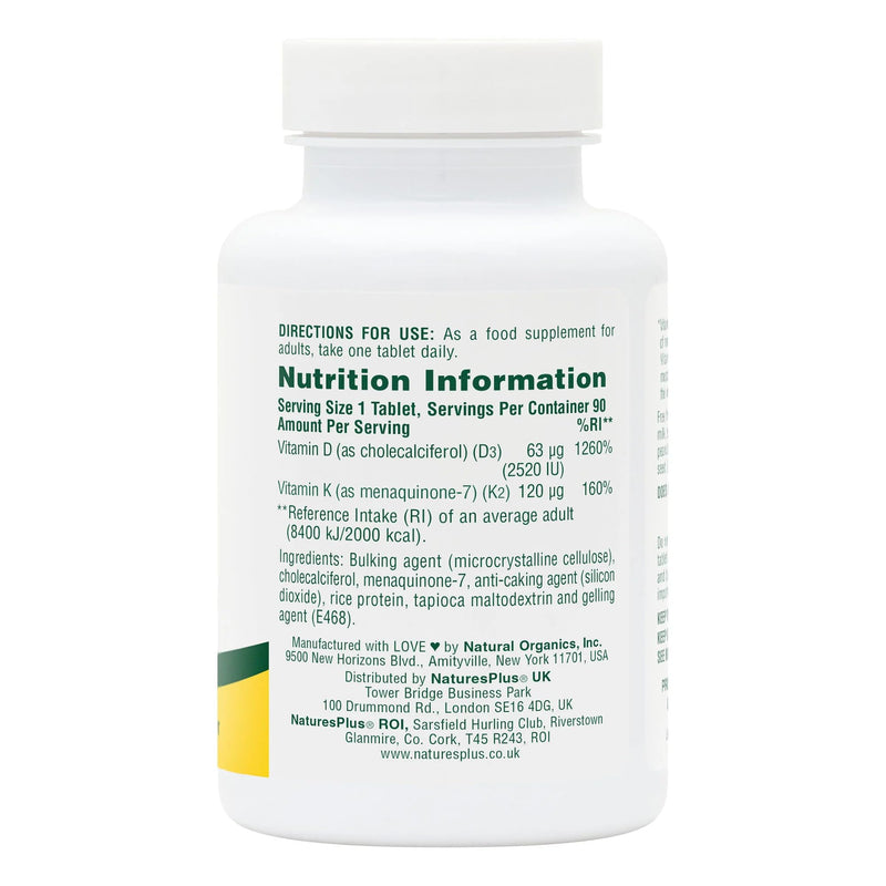 NaturesPlus Vitamin D3 2520IU with Vitamin K2 120mg - High Strength Vitamin D and K2 Supplement, Bone and Immune Support - One a Day, Gluten Free, Vegetarian - 90 Tablets