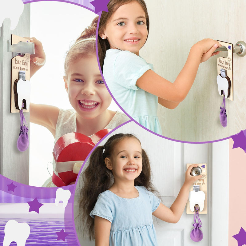 [Australia] - 3 Pcs Tooth Fairy Tooth Holder Bag Tooth Fairy Door Hanger with Money Slot Keepsake Bottle Velvet Pouch Tooth Fairy Box for Lost Teeth Kid Boy and Girl Milk Teeth Encourage Gift(Purple) Purple 