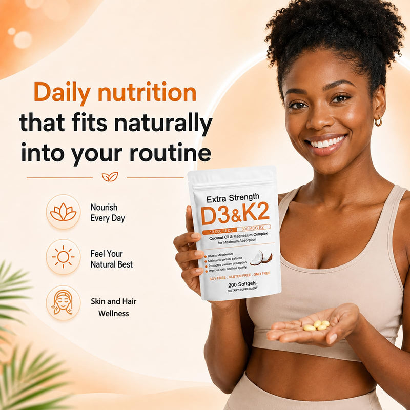 D3 K2 Magnesium Supplement, D3 K2 Vitamin 10000 IU Softgels, Promote Calcium Absorption, Cortisol Balance, Boost Metabolism, Extra Strength Triple Magnesium & Coconut Oil, 200 Softgels (1) (1) 1