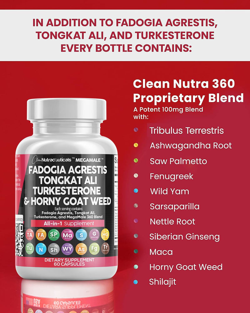 [Australia] - Fadogia Agrestis 5000mg Tongkat Ali 25000mg Turkesterone 5000mg Supplement with Horny Goat Weed, Saw Palmetto, Maca Root, Siberian Ginseng, Tribulus Terrestris, Fenugreek, Wild Yam - 60 Count 