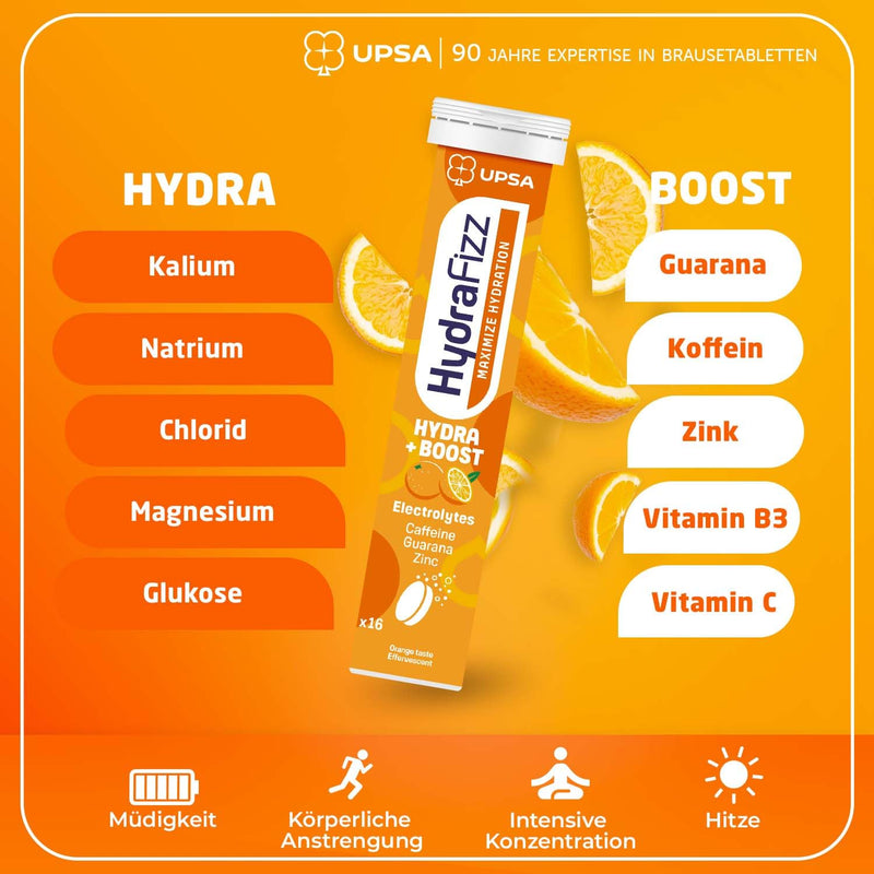 UPSA - Hydrafizz Boost, Hydra & Sport - Electrolyte Tablet - Daily Hydration Supplement - 48 Effervescent Rehydration Tablets (3x16) - Orange & Strawberry Flavour