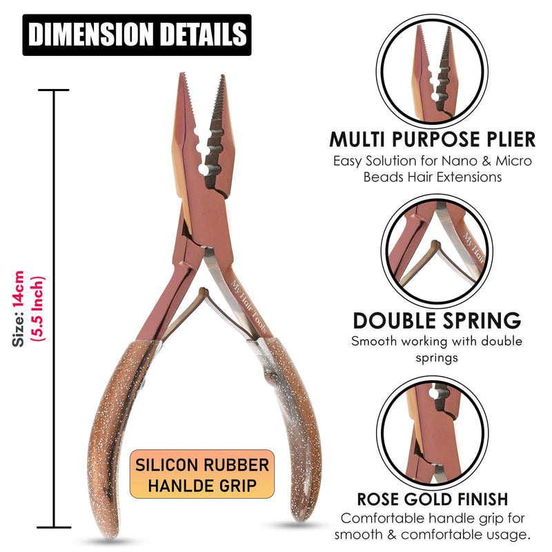 Pro Hair Extension Tools Mini 3 Holes Silicone Micro Beads & Nano Rings Hair Extensions Opener & Remover Pliers Hair Tinsel Feathers Fitting Plier Micro Bead Crimping Plier (Rose Gold Titanium Coated) Black,rose Gold