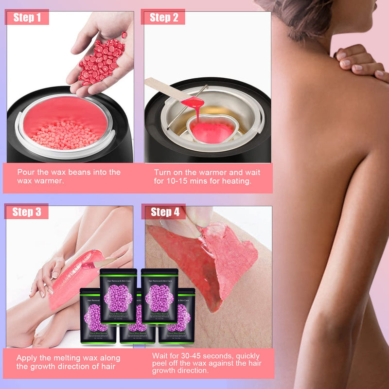 [Australia] - Hard Wax Beads for Hair Removal 1.1 lb (17.6 oz) - Sensitive Skin, Brazilian, Face, Bikini, Legs, Eyebrow - Painless Waxing Kit for Women Men, 5 Packs With 10 Wax Sticks 5 Purple 
