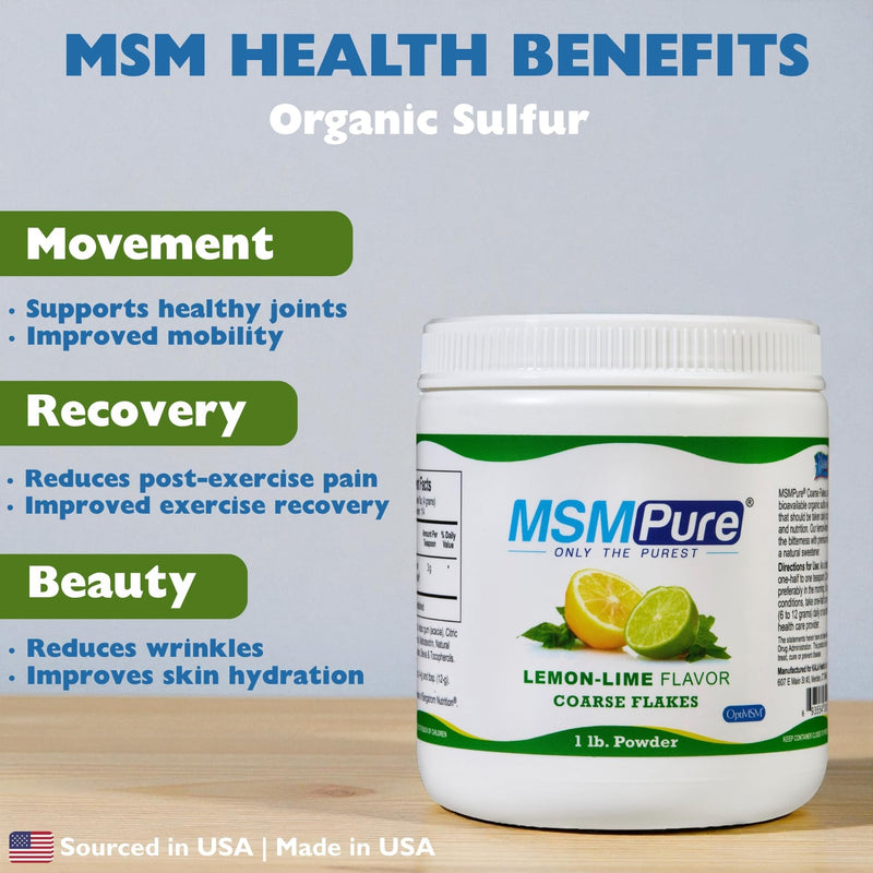 KALA HEALTH MSMPure Lemon Lime Flavored MSM Powder Coarse Flakes, 1 lb | OptiMSM Powder Supplement, US-Sourced MSM, Organic Sulfur, Vegan, Joint Comfort & Mobility, Skin Appearance, Hair & Nails 1 Pound (Pack of 1)