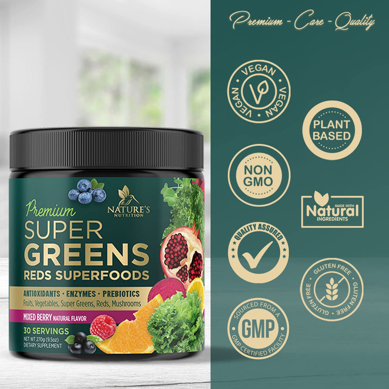 [Australia] - Super Greens Powder Smoothie Mix - Green Whole Food Blend Supports Energy & Gut Health with Spirulina, Chlorella, Mushrooms, Vegetables, Digestive Enzymes & Probiotics - Vegan Superfood - 30 Servings 