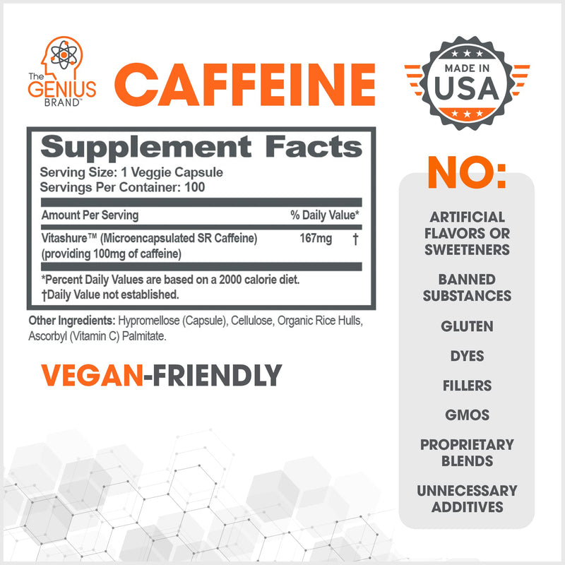 [Australia] - Genius Caffeine Pills 100mg, Extended-Release Microencapsulated Caffeine Pills - All-Natural Non-Crash Sustained Energy, Focus & Concentration Supplement - Nootropic Brain Booster - 100 Capsules 