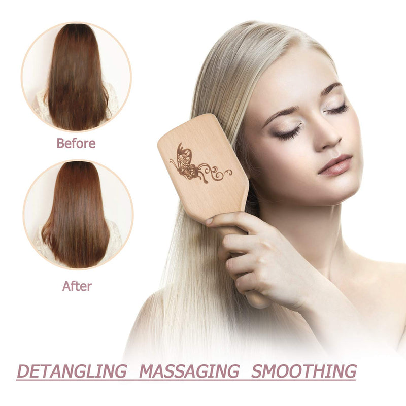 Boar Bristle Hair Brush and Comb Set for Women Men Kids, Best Natural Wooden Paddle Hairbrush and Small Travel Styling Brush for Wet or Dry Hair Detangling Smoothing Massaging wooden2