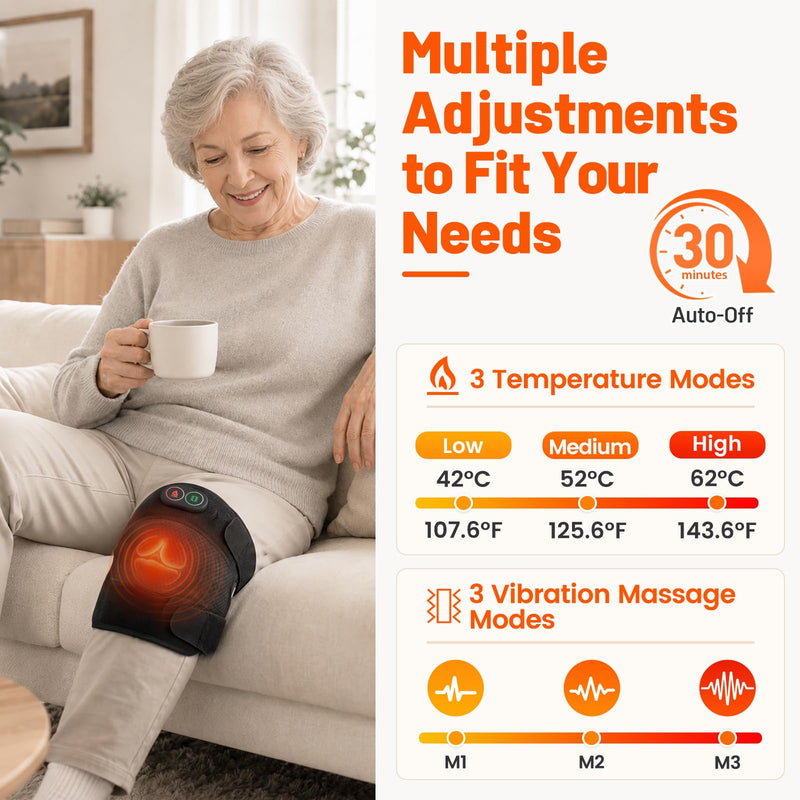 Knee Massager, Cordless Knee Heating Pad for Knee Pain Relief, Heated Knee Brace with Heat and Vibration Massage 30 Minutes Auto-off, Gifts for Seniors Women Men(Single)