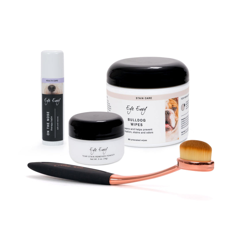 Eye Envy Bulldog Wrinkle Cleaner & Nose Care Kit. Bulldog Wrinkle Wipes, Tear Stain Powder, Applicator Brush & Dog Nose Balm. Cleans Skin Folds. Removes Stains. Helps Cracked Noses. Made in USA - PawsPlanet Australia