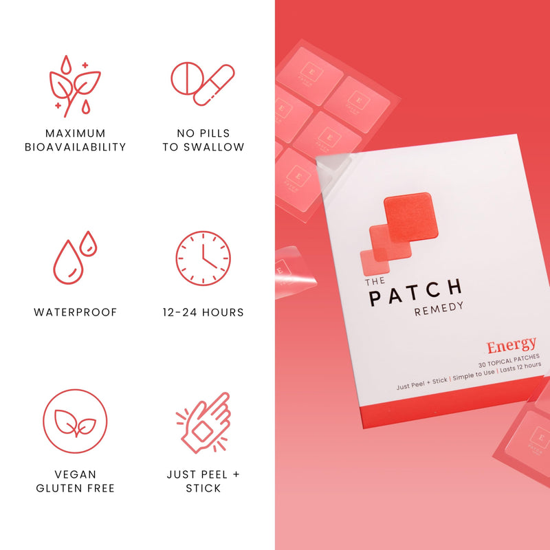 The Patch Remedy Energy Patches | 30 Topical Patches | Caffeine from Guarana, Taurine, Vitamin B6, Vitamin B3, Vitamin B5, Green Tea | 12-24 Hours