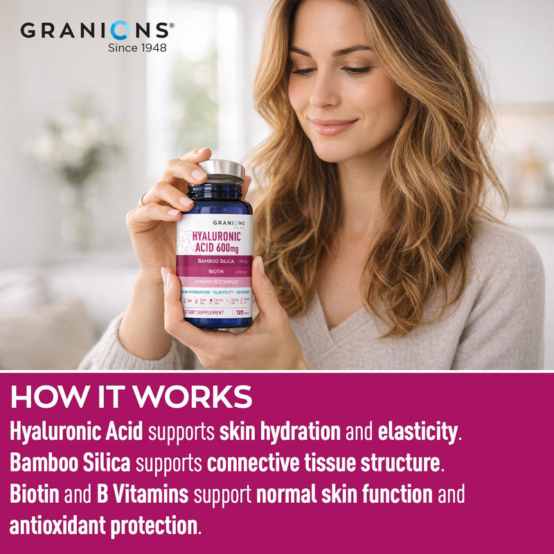 Granions Ultra Dosed Hyaluronic Acid Supplement 600mg - Intense Skin Hydration, Stimulates Collagen Production - Niacin, Biotin, Vitamin B Complex, Oral Hyaluronic Acid Supplements - 120 Vegan Tablets Hyaluronic Acid 600