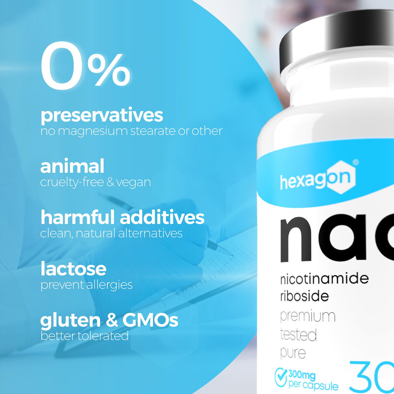NAD+ Nicotinamide Riboside Chloride 300mg - 1-Month Supply - NAD Booster - Third-Party Tested - Made in France - Pure & Premium - 30 Vegan Capsules - NAD Supplements - Hexagon 30 count (Pack of 1)