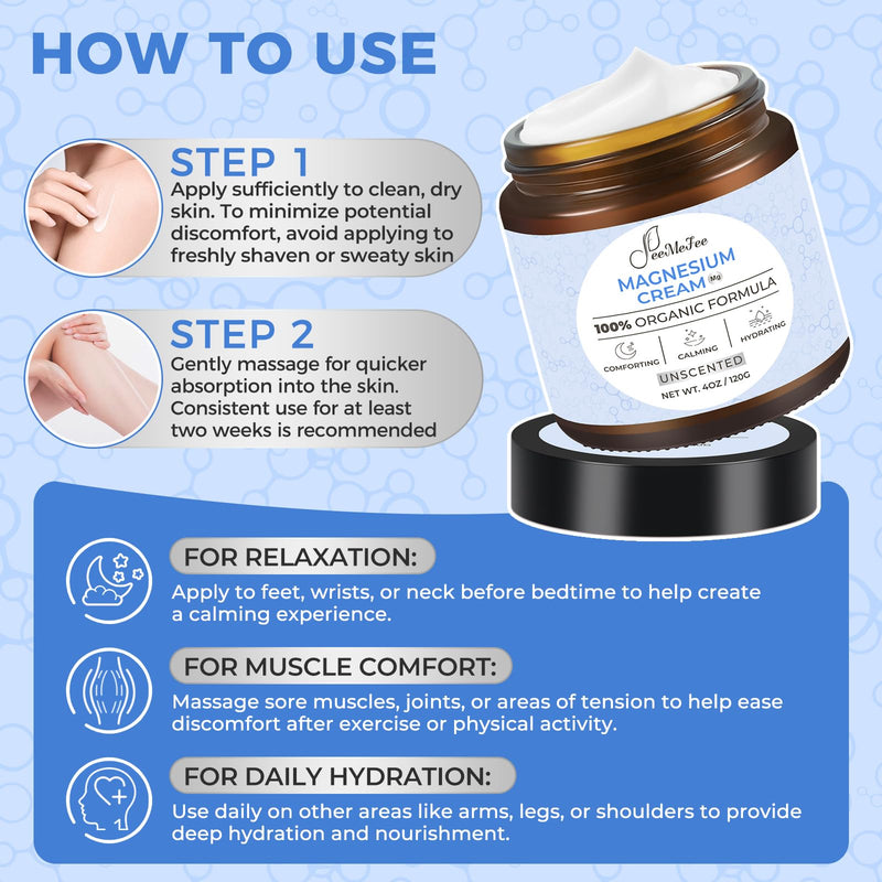 Magnesium Lotion for Sleep, Natural Magnesium Cream for Leg Cramps, Soothing Relief & Muscle Relaxation, Magnesium Butter with Coconut Oil, Shea Butter, Vitamin E, Safe for Kids, Unscented 4 oz 4 Fl Oz (Pack of 1)