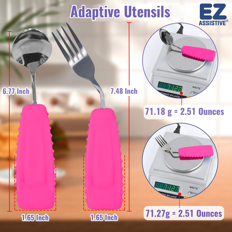 [Australia] - Adaptive Weighted Utensils Set – Spoon and Fork for Hand Tremors, Parkinson’s, Elderly, and Arthritis – Adaptive Eating Utensils for Weak Grip and Limited Mobility Right Hand - 1 Set Pink Front Tilted Spoon and Fork 