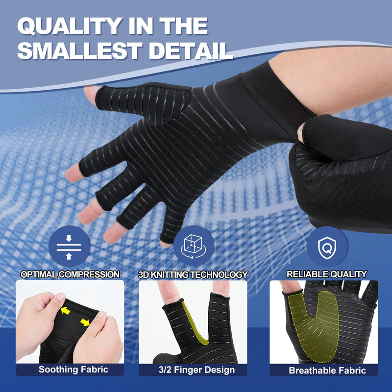 DRNAIETY 2 Pairs Copper Arthritis Compression Gloves for Women and Men, for Arthritis Hand Pain, Anti-Slip, Fingerless, Comfortable for Work, Kept in Motion (Small) Small