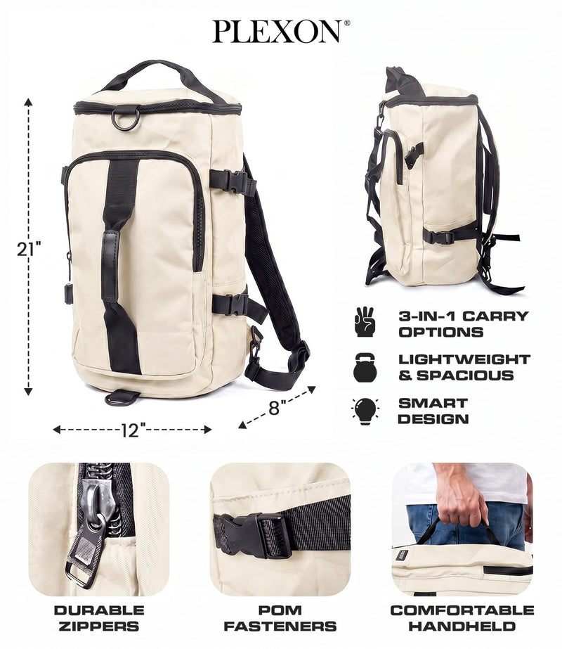Plexon 3 in 1 Duffle Backpack for Travel Gym Sports Workout, 21" Water-resistant Carry On Duffel Bag, Lightweight Tear-Resistant Weekender for Men Women White