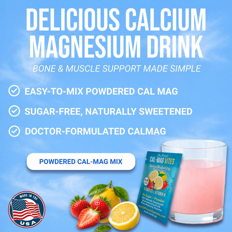 Dr. Price's Vitamins Cal Mag Supplement Powder, Strawberry Lemon, 30 Pack | Calcium Magnesium Supplement, Vitamin D3, K2 & Boron, Bone & Muscle Support, Sugar Free, Made in USA, Doctor-Formulated 3.17 Ounce (Pack of 1)