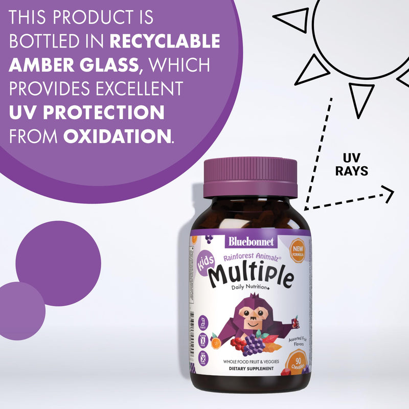 Bluebonnet Nutrition Rainforest Animalz Whole Food Based Multiple Chewable Tablets, Kids Multivitamin & Mineral, Vitamin C, D3, Iron, Gluten Free, Milk Free, Kosher, 90 Chewable Tablets, Mixed Flavors | Vegetarian, Kosher, Gluten-Free, Dairy-Free