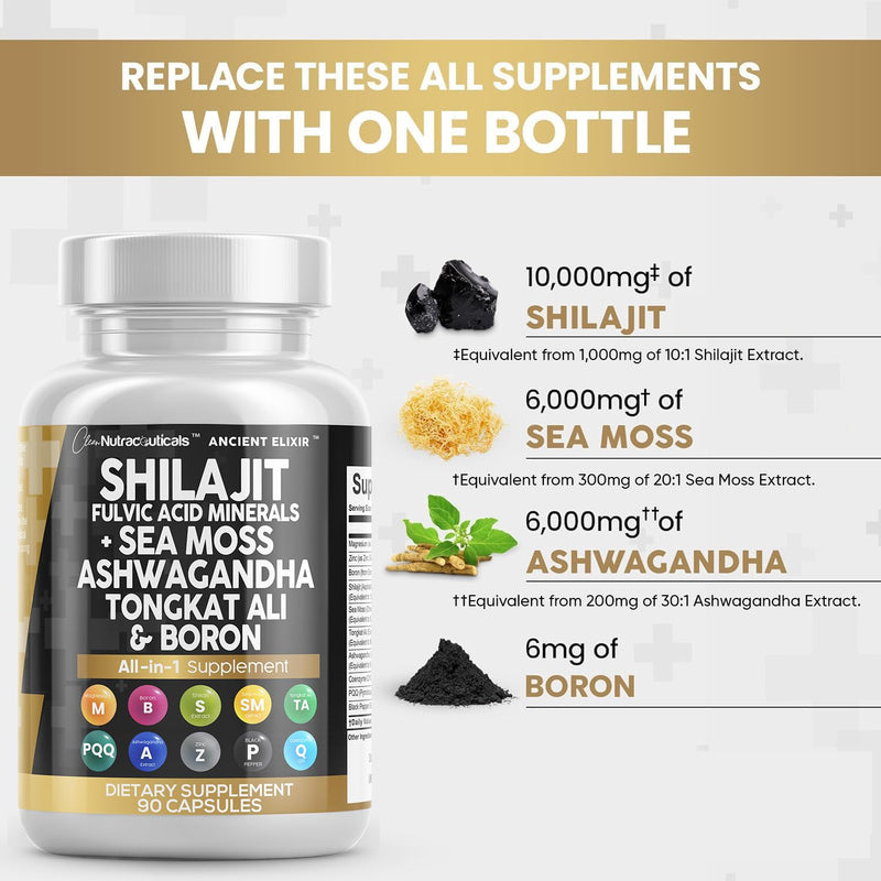 [Australia] - Shilajit Supplement 10,000mg with Sea Moss 6000mg, Ashwagandha 6000mg, Tongkat Ali, Boron, Magnesium - Fulvic Acid Capsules for Men - 90 Count 