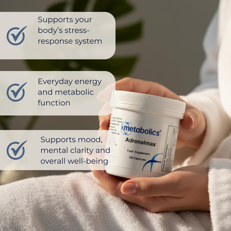 Metabolics Adrenalmax 120 Capsules, Adrenal & Stress Supplement with Calming L Theanine, Betaine, Magnesium, Olive Leaf & Green Tea Extract- Support for Healthy Adrenal Gland Function