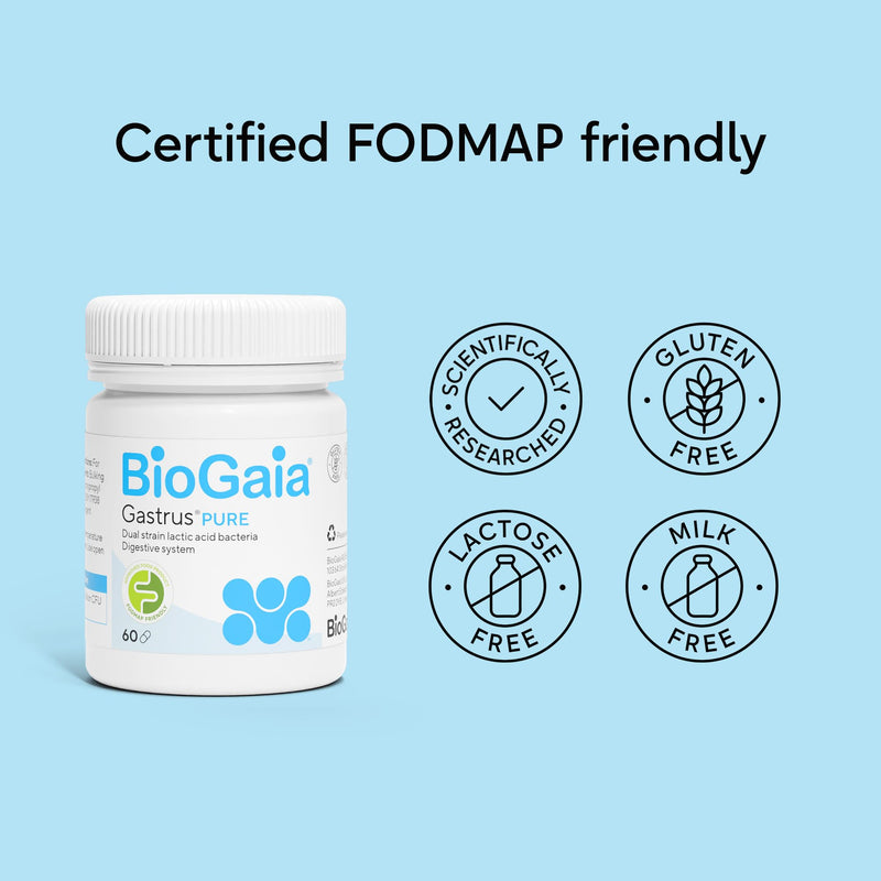 BioGaia Gastrus Pure Probiotics for Gut Health | Dual Strain Patented L. reuteri | Certified FODMAP Friendly for Sensitive Stomachs | No Artificial Sweenters | 60 Capsules