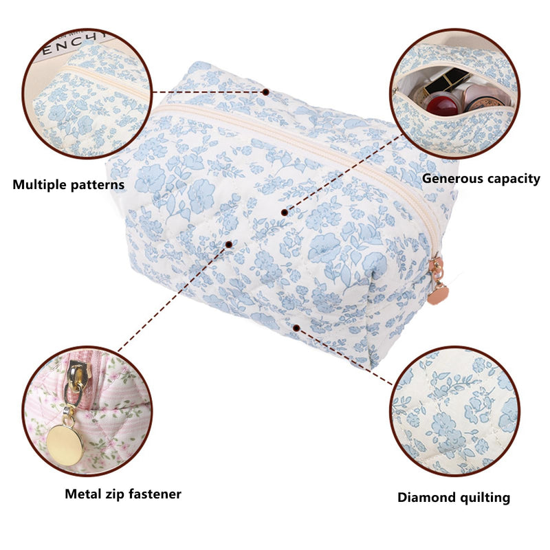 AMAZBEE Makeup Bag Bulk for Purse 14 PCS Quilted Organizer Pencil Bag with Zipper Floral Cosmetic Bags for Travel Separation