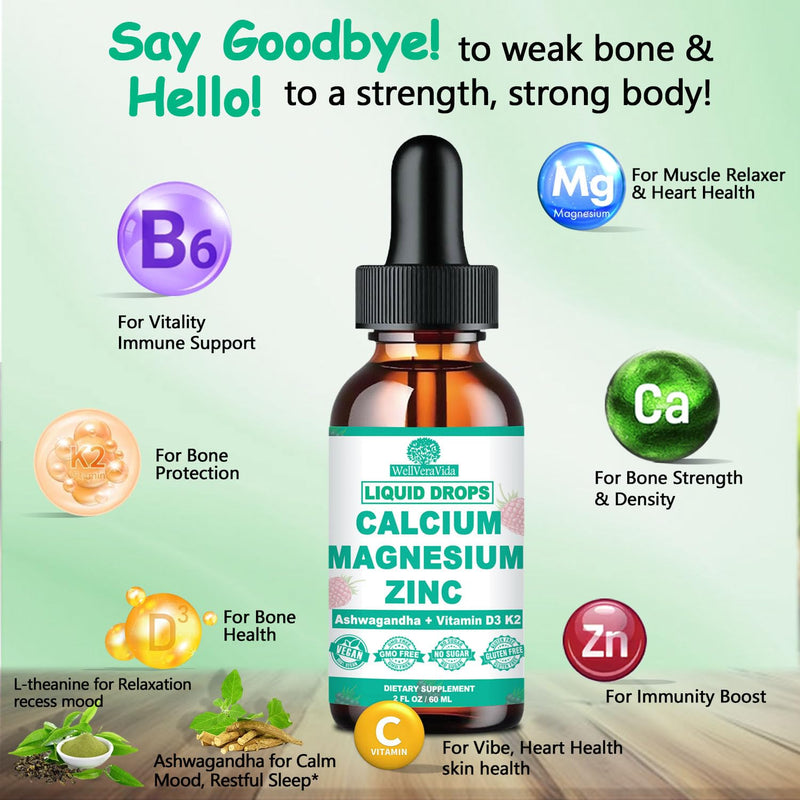 Calcium Magnesium Zinc Liquid Drops, Calcium Supplement with Vitamin D3 K2 | Fast Absorbing Liquid Calcium Magnesium Supplement w/Magnesium Complex, Zinc, Theanine for Immune, Bone,Muscle Support, Vegan Raspberry 2 Fl/Oz