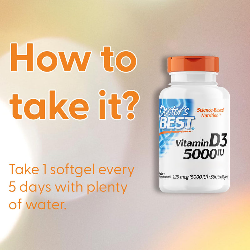 Doctor's Best, Vitamin D3, 5,000 IU, High Dosage, Depot Weekly Dose, 360 Soft Capsules, Laboratory Tested, Soy Free, Gluten Free, GMO Free 360 capsules