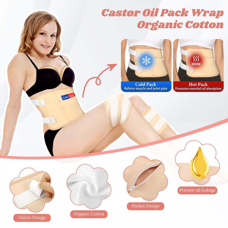 [Australia] - Castor Oil Pack Wrap, 12 Pcs Reusable Castor Oil Pack Kit Organic Cotton for Shoulder Hands Neck Waist Chest Knees and Feet, Adjustable Compress Pads for Entire Body 12pcs Castor Oil Packs 
