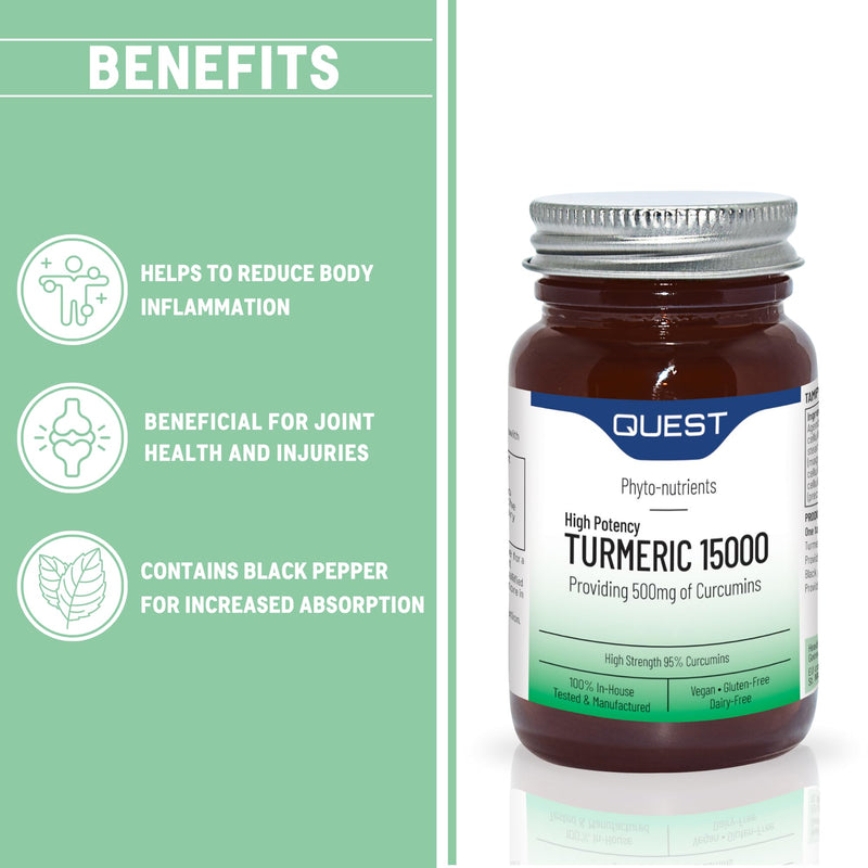 Quest - 30x Turmeric 15000 High Strength Turmeric and Black Pepper Tablets Quick Absorption Natural Joint Care Supplements Providing Total of 500mg of Curcumins. Vegan & Free from Gluten (1 Pack) Unflavoured 30 count (Pack of 1)