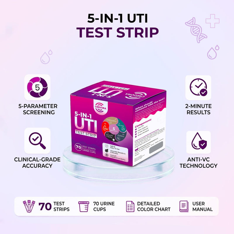 At-Home 5-in-1 UTI Test Strips for Women (70 Strips) Accurate 5-Parameters Leukocytes, Nitrite, pH, Protein and SG Reading, Advanced and Easy at-Home UTI Testing