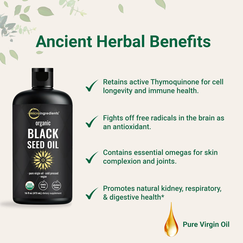 [Australia] - Micro Ingredients Organic Black Seed Oil, 16 fl oz | Cold Pressed from Nigella Sativa Seeds | Rich in Thymoquinone & Omega 3 6 9 | Immune, Joint, Hair & Skin Support | Pure Virgin Oil, Non-GMO 
