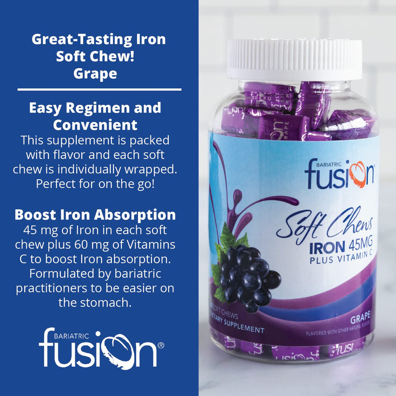 [Australia] - Bariatric Fusion Iron Soft Chew with Vitamin C | Grape Flavored | Chewy Vitamin for Bariatric Patients | Gluten Free | Iron Supplement for Women and Men | 60 Count | 2 Month Supply 