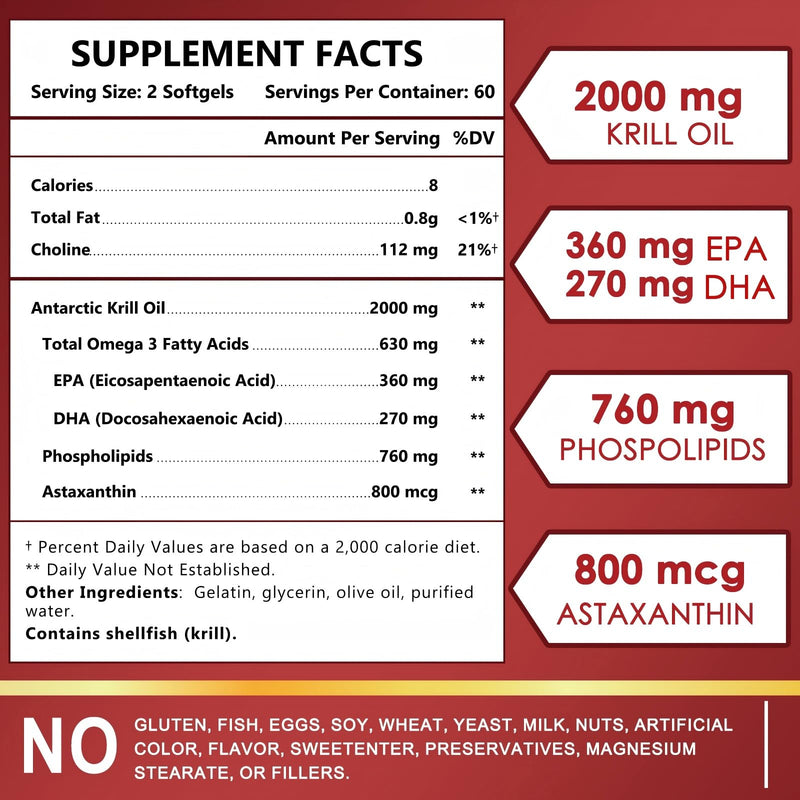 [Australia] - NATURE TARGET Krill Oil 2000 mg with Omega-3 EPA & DHA with Astaxanthin Supplement, Choline - Supports Heart, Brain, Join, Eye Health, Non-GMO, Gluten Free, 120 Softgels (60 Servings) 120 Count (Pack of 1) 