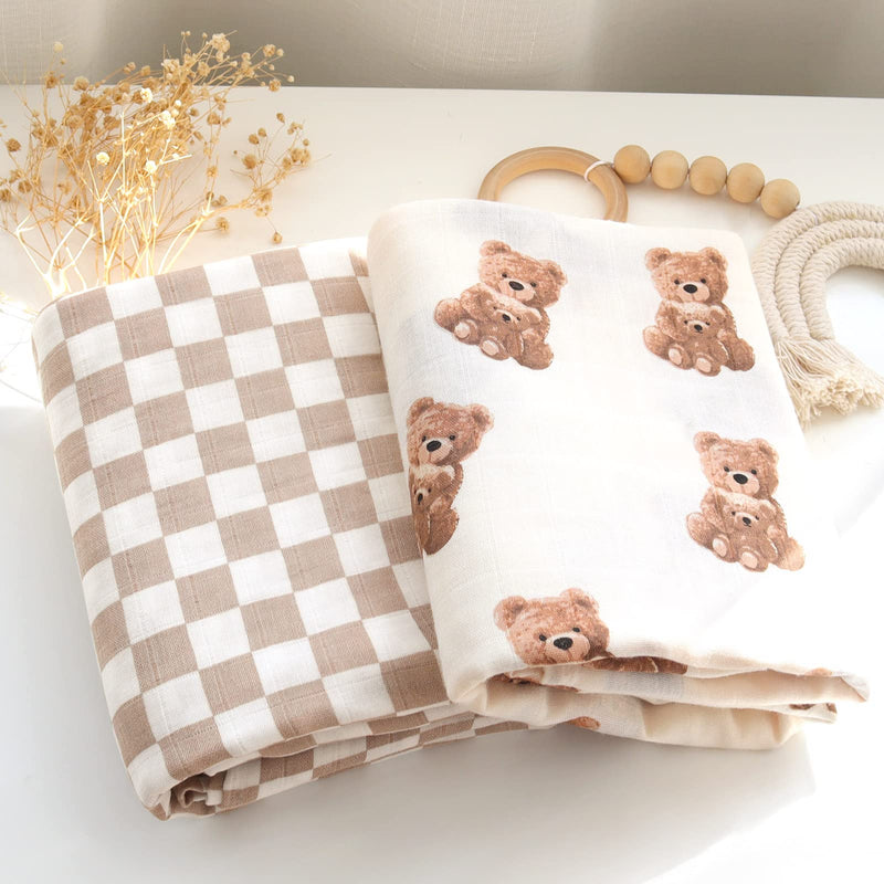 [Australia] - LifeTree Muslin Swaddle Blankets Neutral, Baby Swaddling Wrap Nursery Blanket for Boys & Girls Unisex, Soft 70% Viscose from Bamboo and 30% Cotton, Large 47 x 47 inches, Bear & Checkered Coffee 