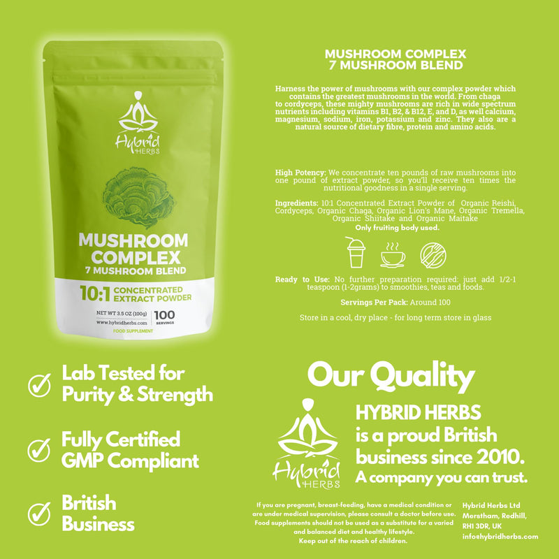 Mushroom Complex Powder 100g - 7 Organic Mushroom Supplement 10:1 Extract | Lion's Mane, Reishi, Cordyceps, Chaga, Tremella, Shiitake, Maitake | Brain, Energy & Immunity | 100 Servings MUSHROOM COMPLEX