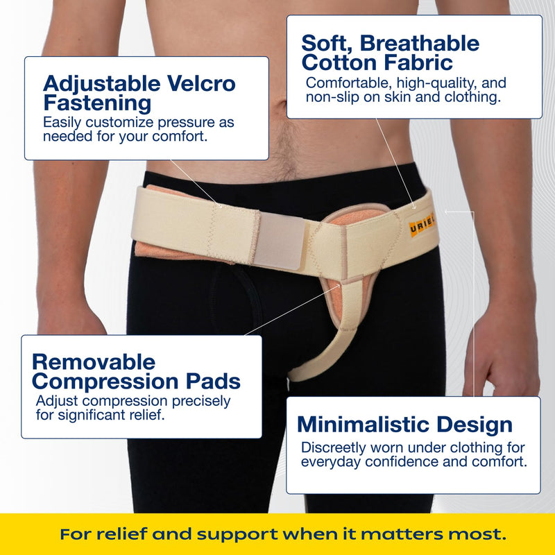 URIEL Left Side Hernia Belts for Men - Inguinal Hernia Belt for Men, Pre and Post Surgery Truss, Size Small, Cream (31-35 Inches) Cream (Left)