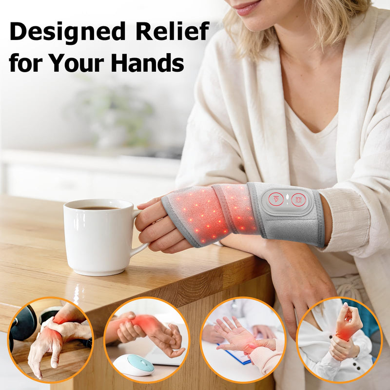 Cordless Wrist Heating Pad Massage, Wrist Massager for Carpal Tunnel, Heated Wrist Brace, 660nm 850nm Red Light Therapy for Wrist, Hand and Wrist Massager with Heat, Silver Gray